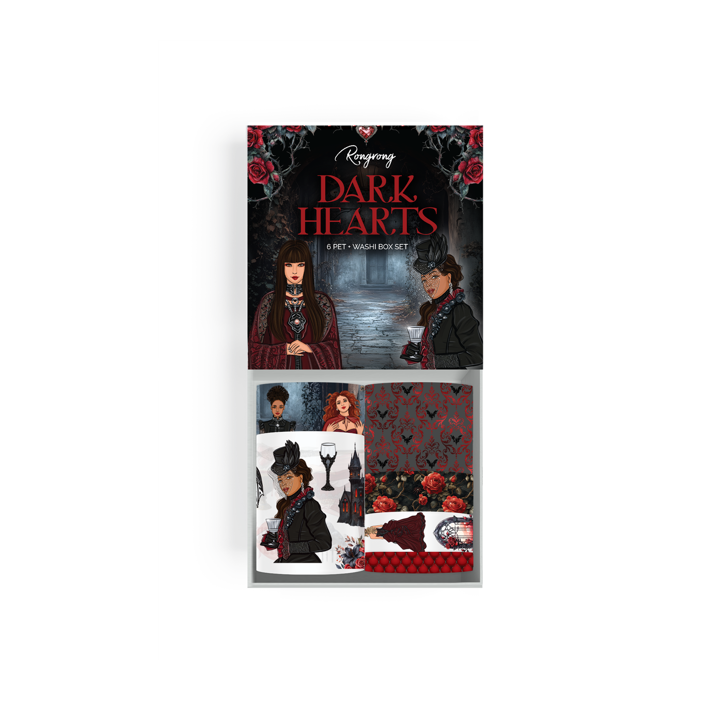 Dark Hearts Pre-cut PET Tape + Washi Box (Set of 6)